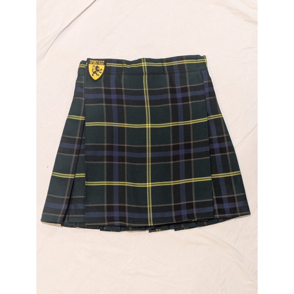 Sport Kilt Green Navy Yellow Tartan Pleated Mini Skirt Velcro Waist M
